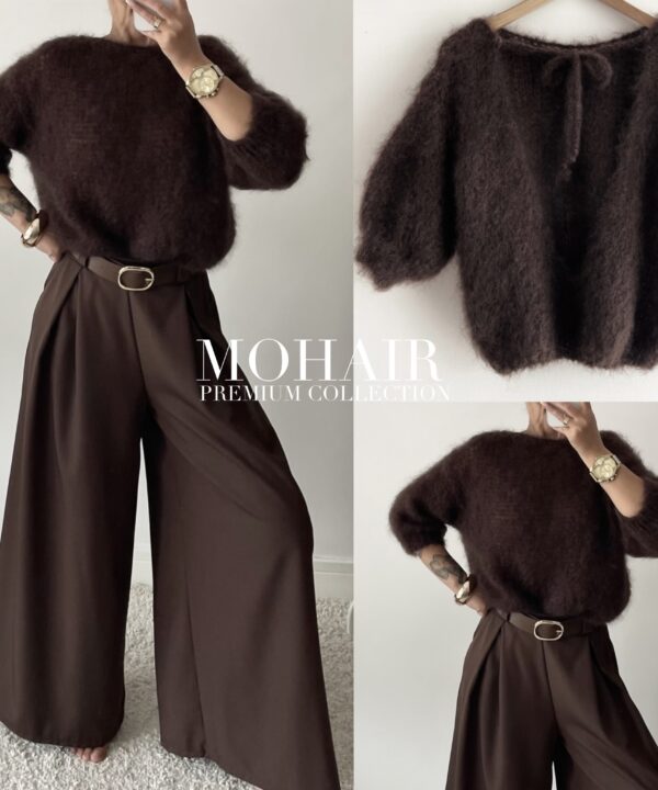 SWETER Z ODKRYTYMI PLECAMI PREMIUM Z DOMIESZKĄ MOHERU CZEKOLADOWY