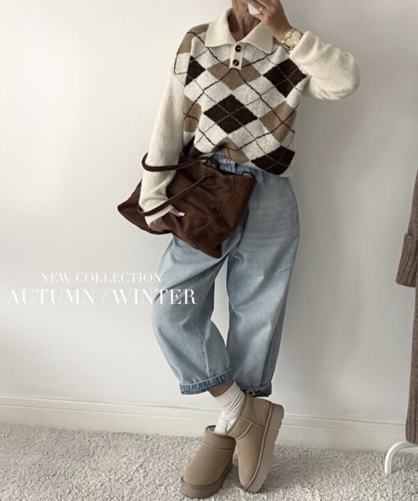 SWETER DOROTHY Z KOŁNIERZYKEIM ECRU/CAMEL/CZEKOLADA