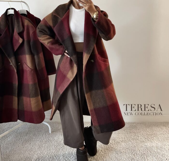 PŁASZCZ TERESA Z DOMIESZKĄ WEŁNY CZEKOLADOWO-BORDOWY - obrazek 4