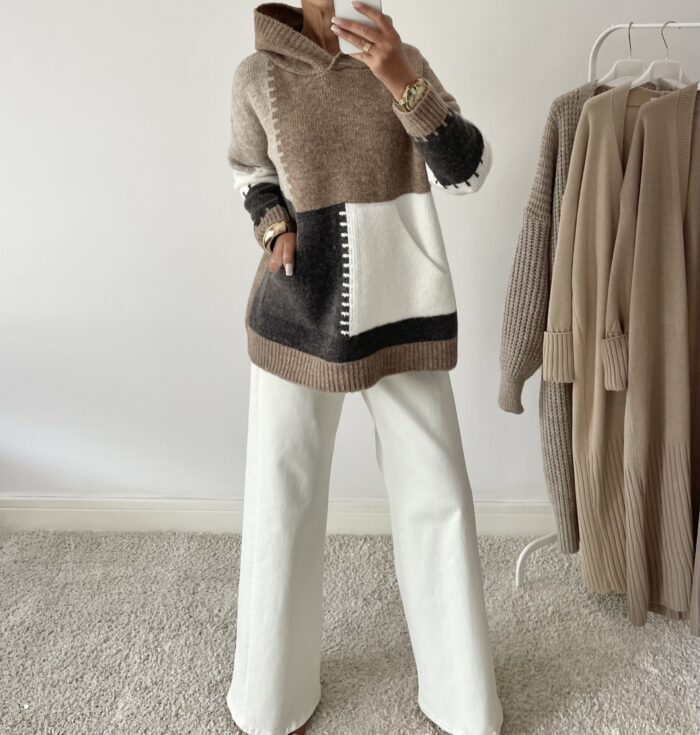 SWETER Z KAPTUREM OVERSIZE ANNA CAMEL / KAKAO - obrazek 2