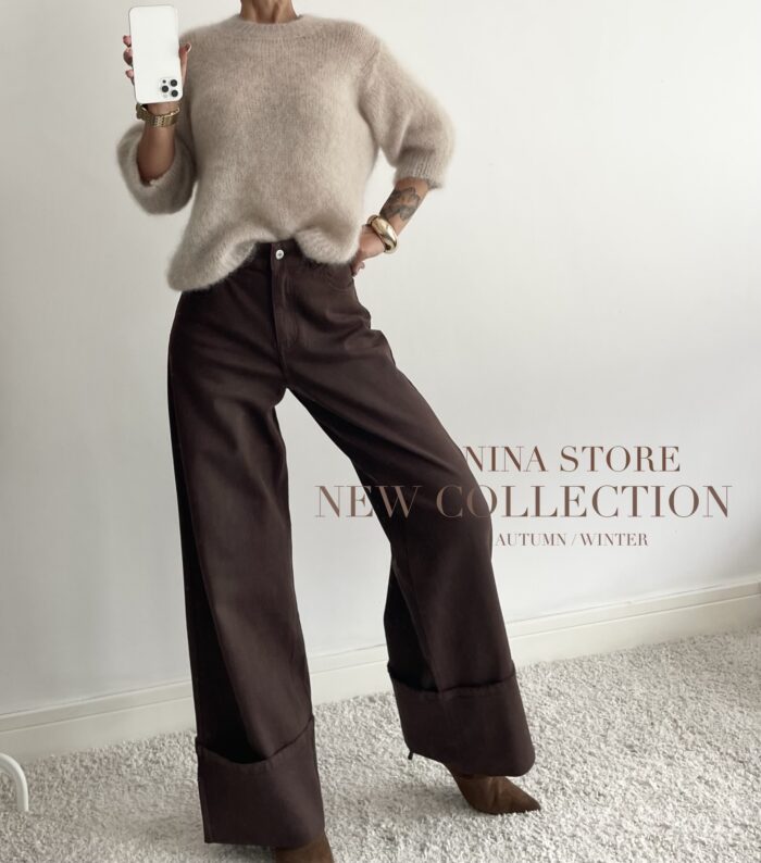 SPODNIE KAIA Z MANKIETAMI WIDE LEG DENIM CZEKOLADOWE - obrazek 3
