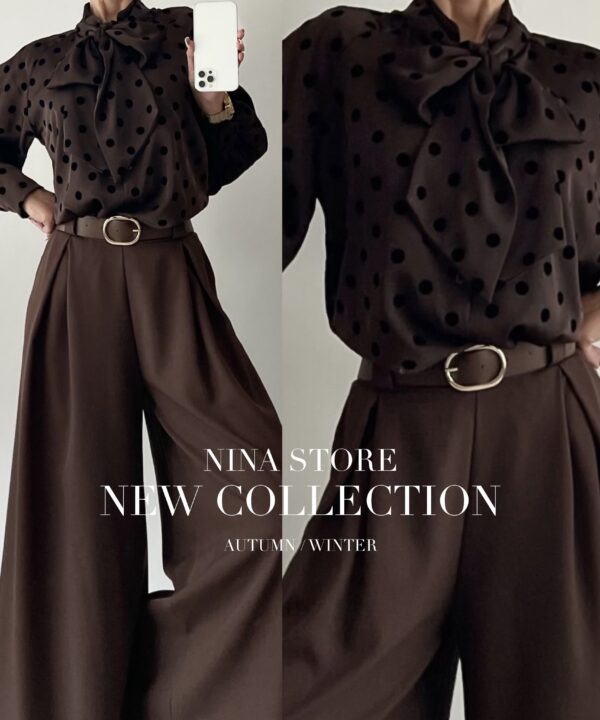 KOSZULA W GROSZKI Z WIĄZANIEM CZEKOLADOWA