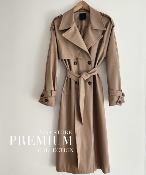 DŁUGI TRENCZ Z EKO SKÓRY CAMEL