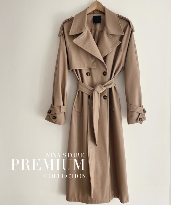 DŁUGI TRENCZ Z EKO SKÓRY CAMEL