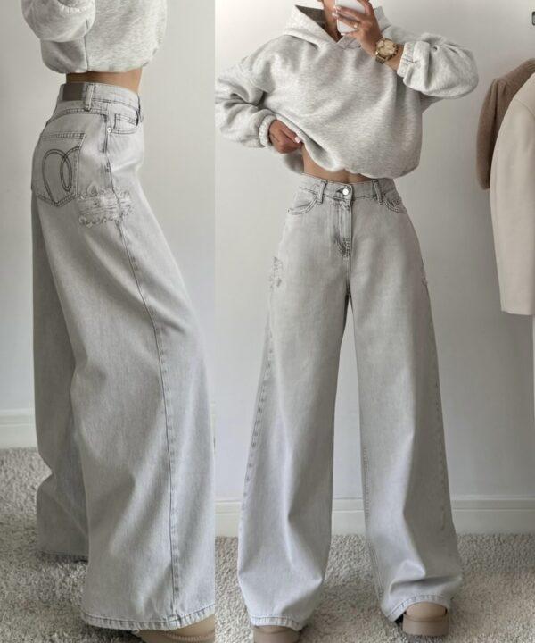 SPODNIE WIDE LEG JEANS Z PRZETARCIAMI SZARE