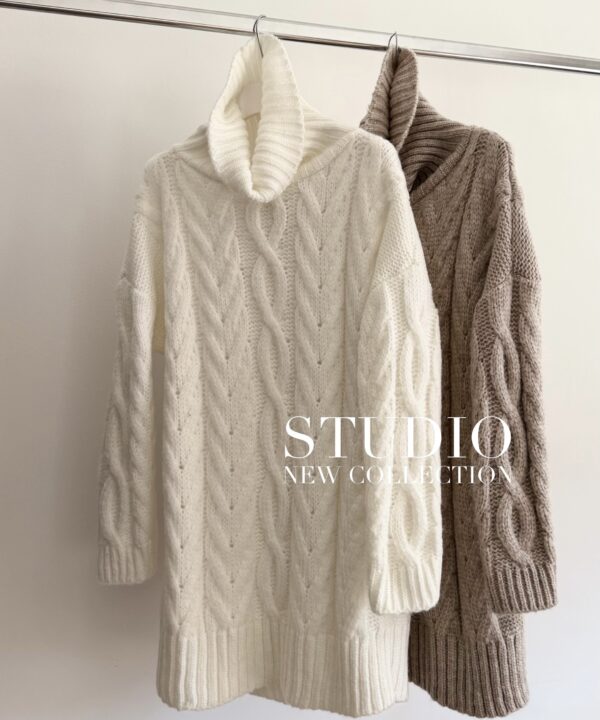 SWETER Z GOLFEM OVERSIZE STUDIO Z DOMIESZKĄ WEŁNY BEŻOWY
