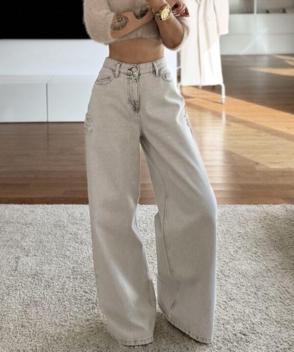 SPODNIE WIDE LEG JEANS Z PRZETARCIAMI SZARE